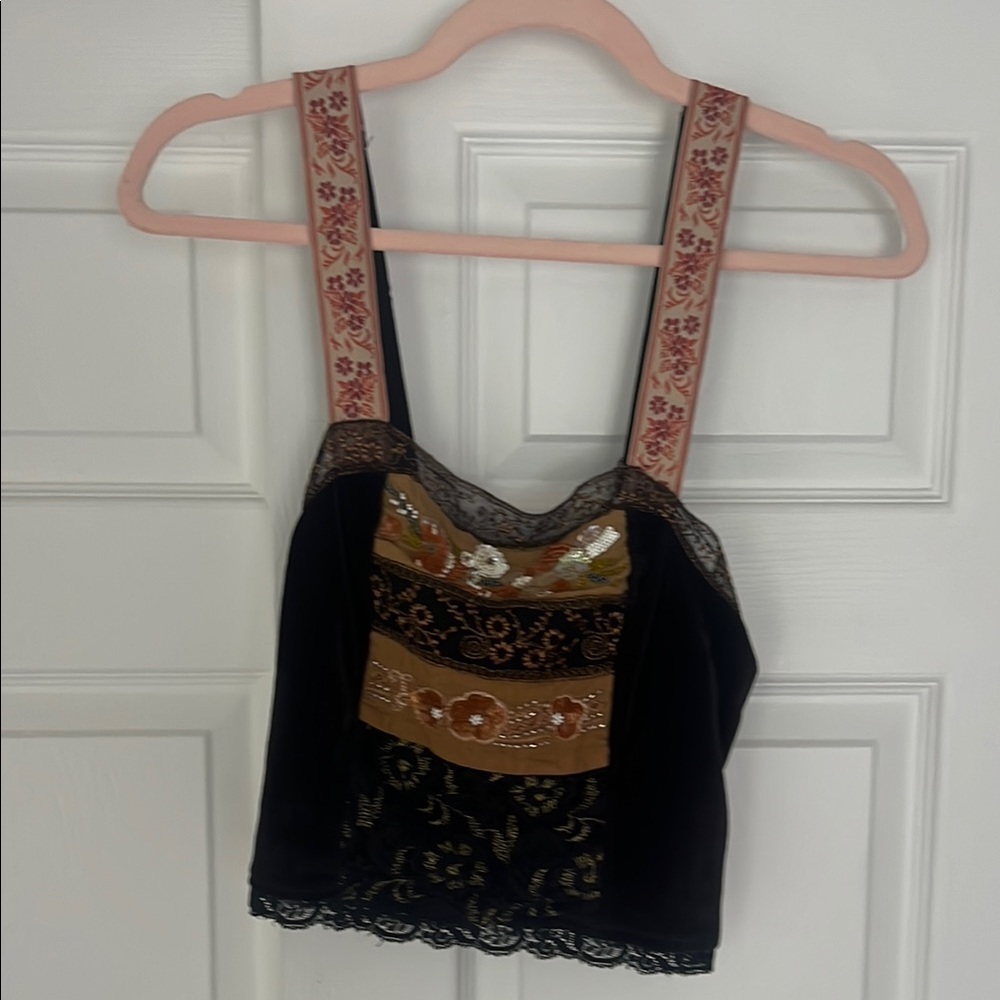Free People Black and Brown Embellished Crop Tank Top